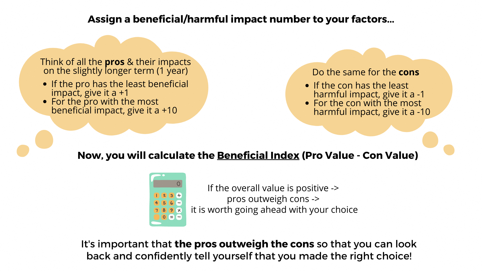 Infographic explaining how to calculate a Beneficial Index by scoring factors. It instructs users to assign values from 1 to 10 for pros and -1 to -10 for cons. A calculator icon illustrates the final step: if the total is positive, the choice is worth it.